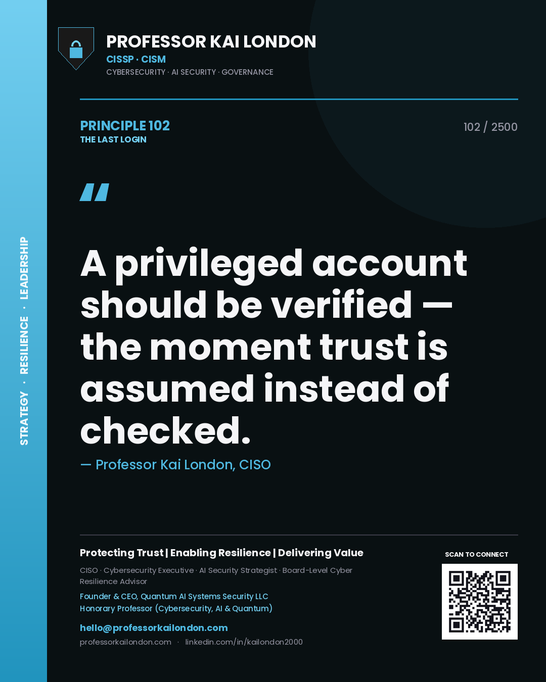 Quote card by Professor Kai London reading 'A privileged account should be verified — the moment trust is assumed instead of checked.'. From the book The Last Login.