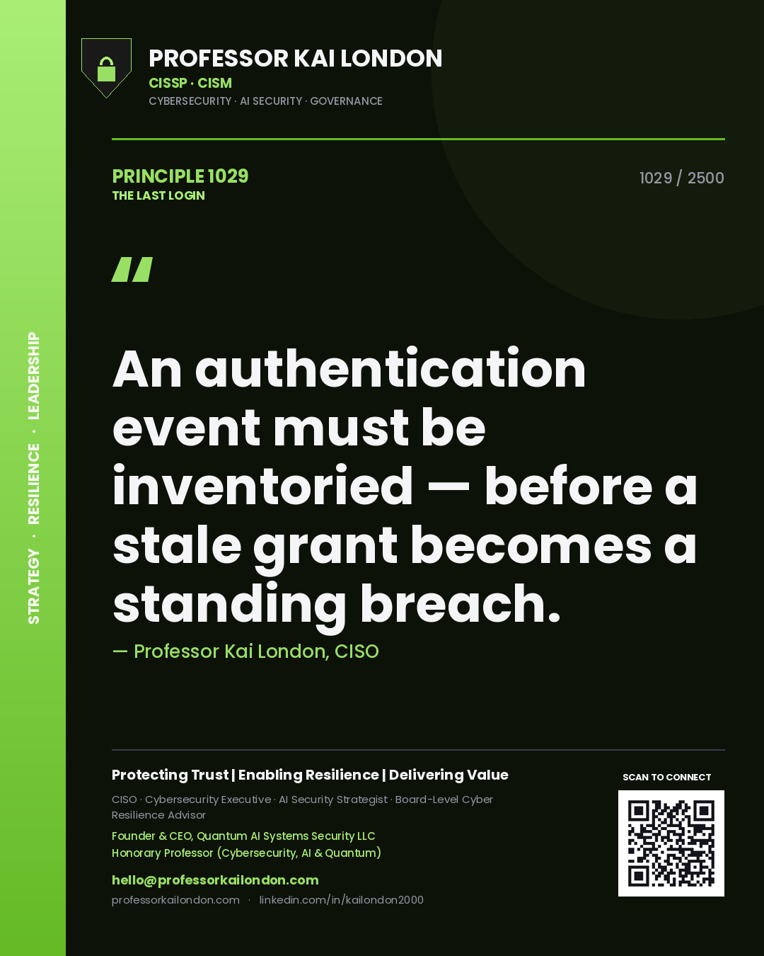 Quote card by Professor Kai London reading 'An authentication event must be inventoried — before a stale grant becomes a standing breach.'. From the book The Last Login.