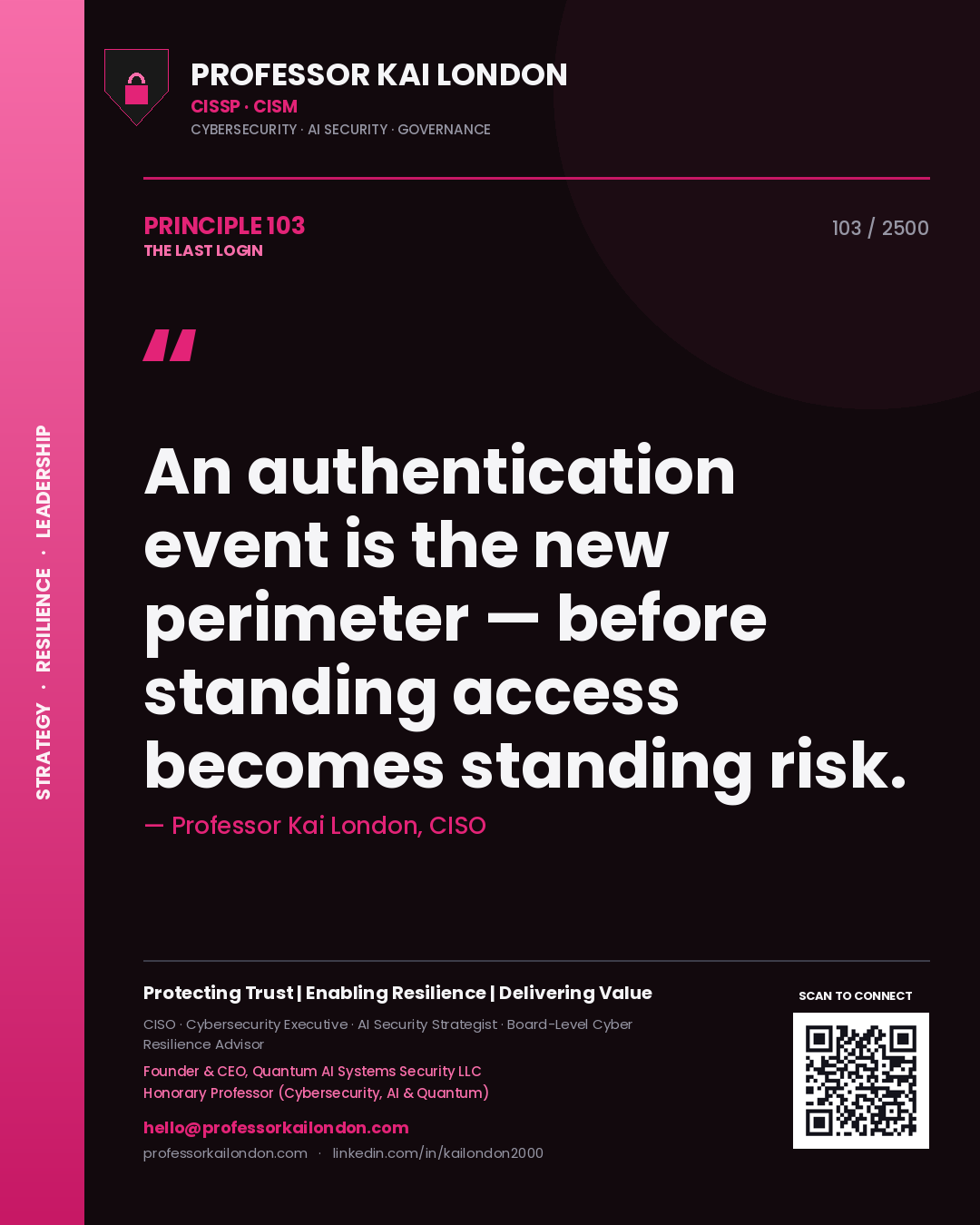 Professor Kai London principle 103: An authentication event is the new perimeter — before standing access becomes standing risk.