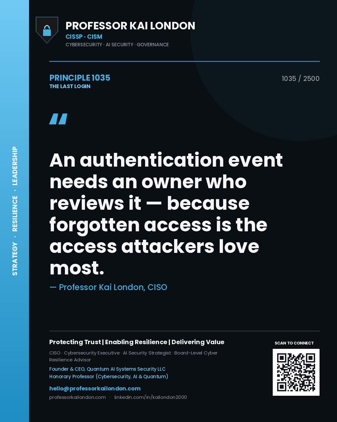 Quote card by Professor Kai London reading 'An authentication event needs an owner who reviews it — because forgotten access is the access attackers love most.'. From the book The Last Login.