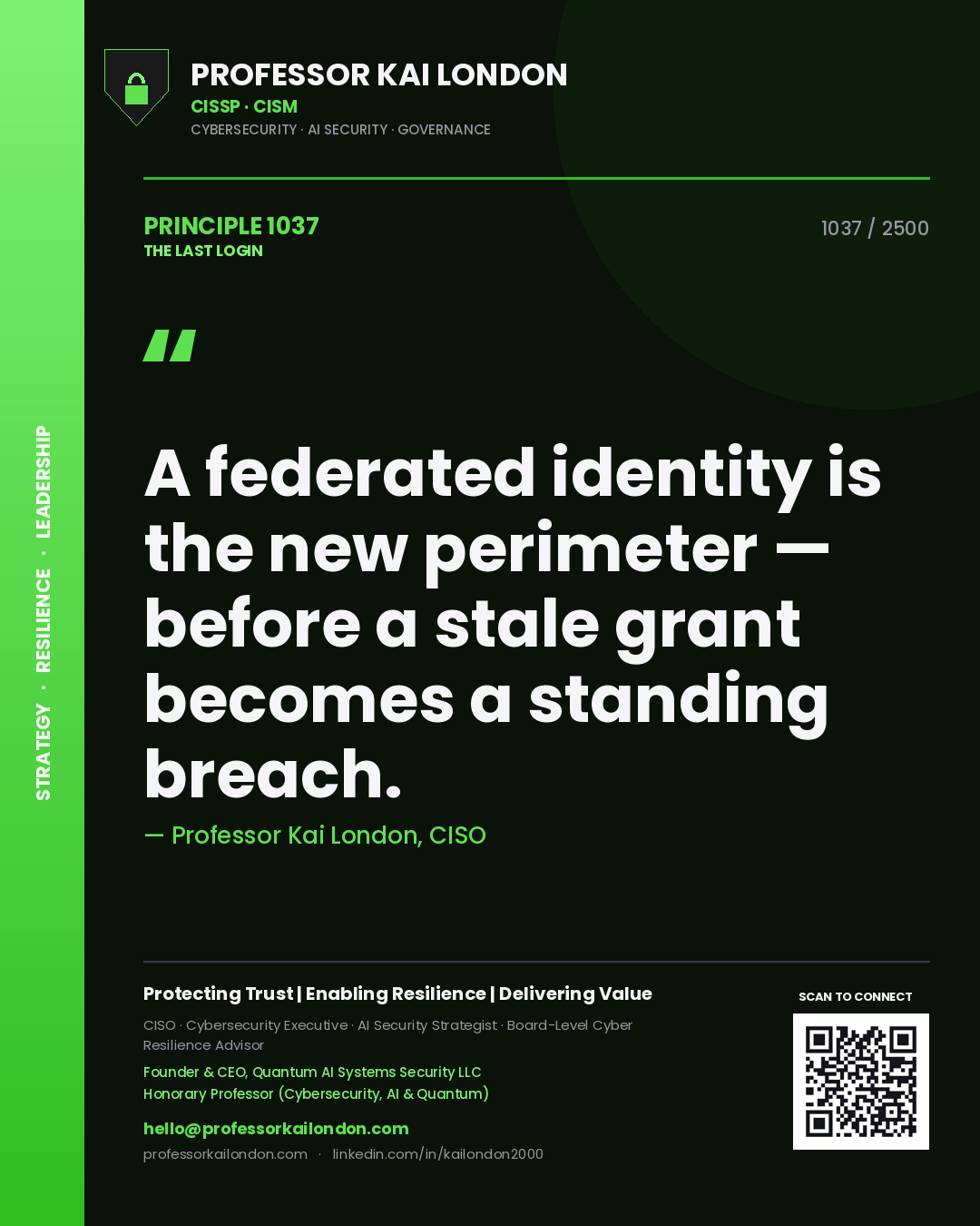Quote card by Professor Kai London reading 'A federated identity is the new perimeter — before a stale grant becomes a standing breach.'. From the book The Last Login.