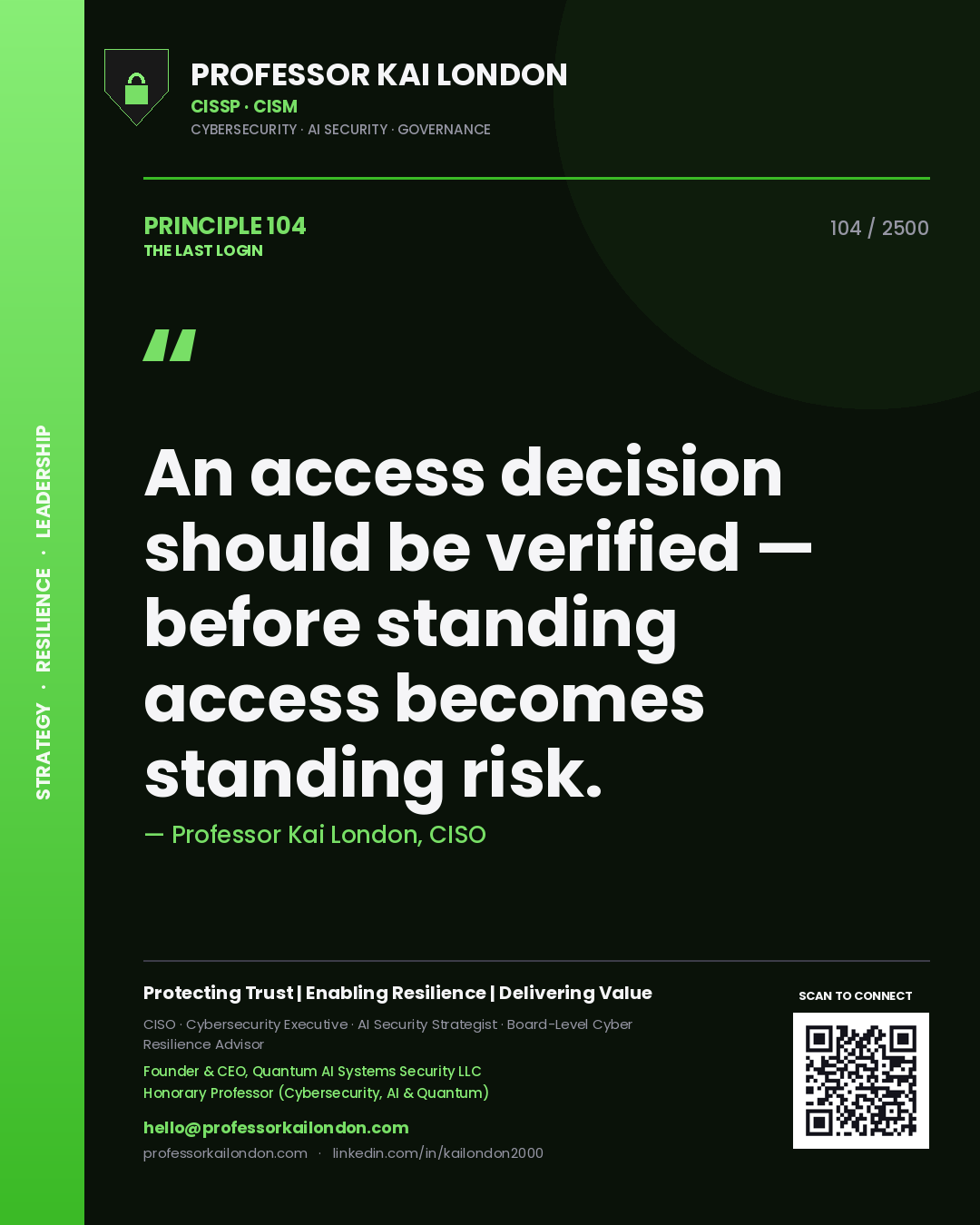 Quote card by Professor Kai London reading 'An access decision should be verified — before standing access becomes standing risk.'. From the book The Last Login.