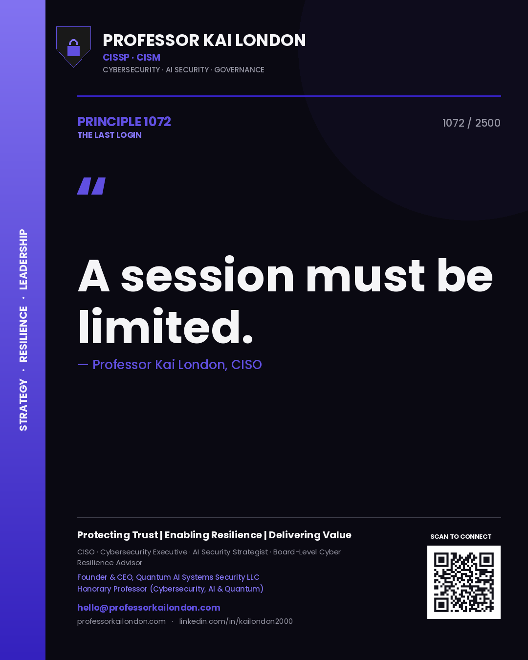 Quote card by Professor Kai London reading 'A session must be limited.'. From the book The Last Login.