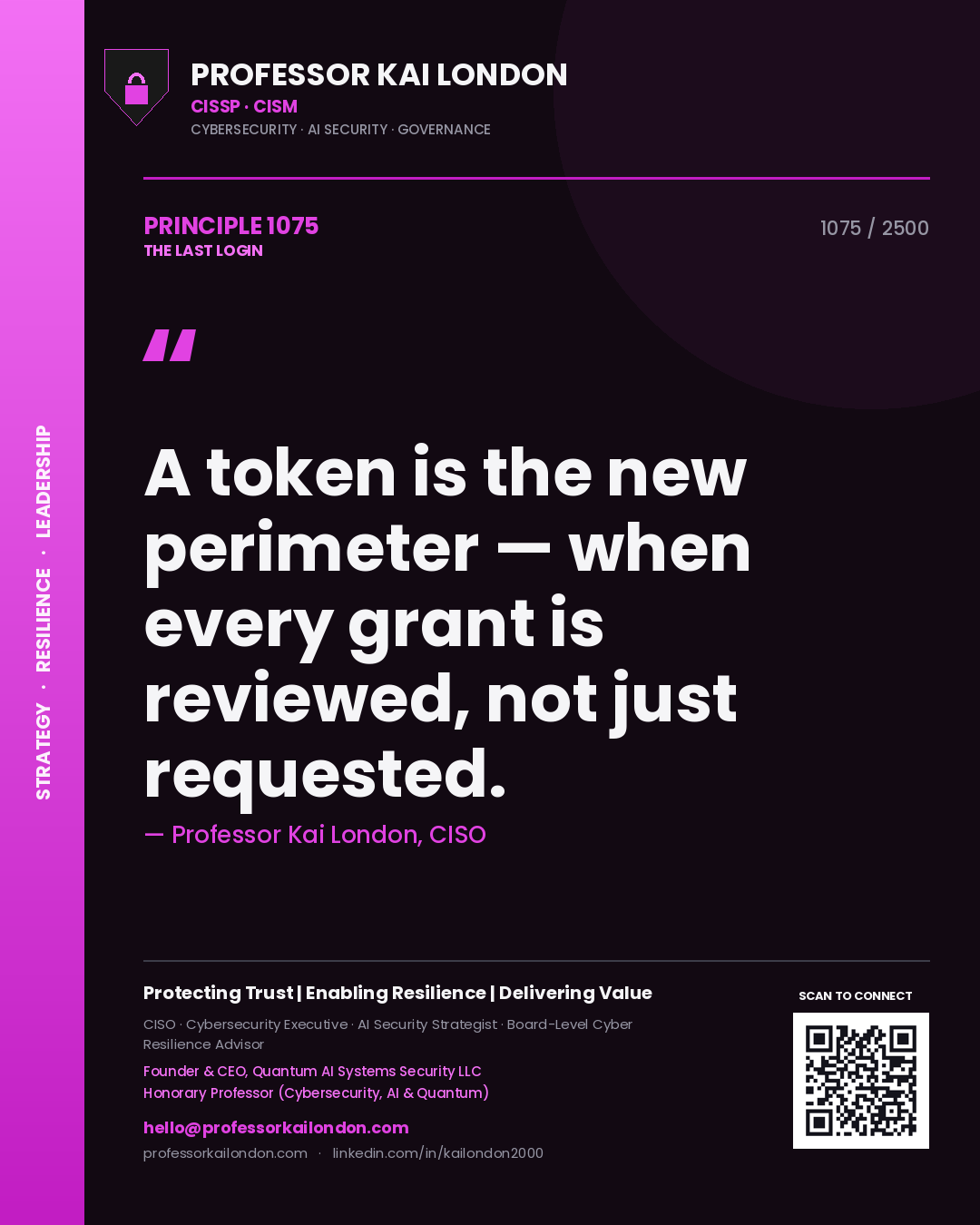Professor Kai London principle 1075: A token is the new perimeter — when every grant is reviewed, not just requested.