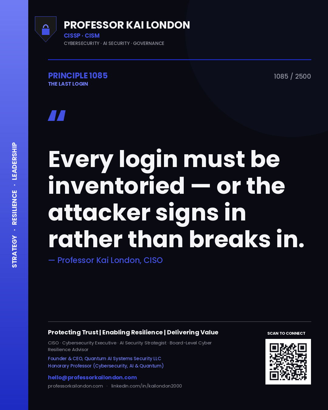 Quote card by Professor Kai London reading 'Every login must be inventoried — or the attacker signs in rather than breaks in.'. From the book The Last Login.
