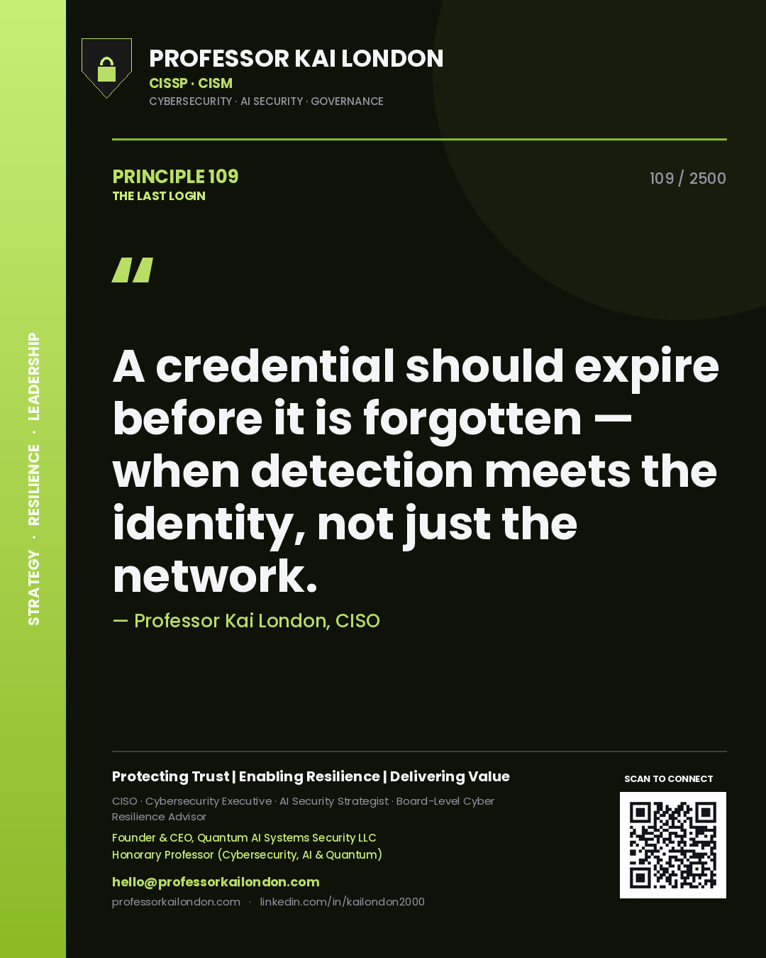 Professor Kai London principle 109: A credential should expire before it is forgotten — when detection meets the identity, not just the network.