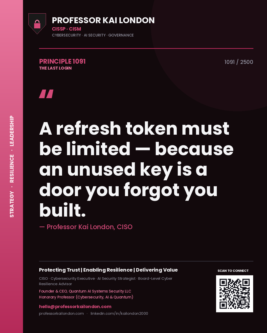 Professor Kai London principle 1091: A refresh token must be limited — because an unused key is a door you forgot you built.