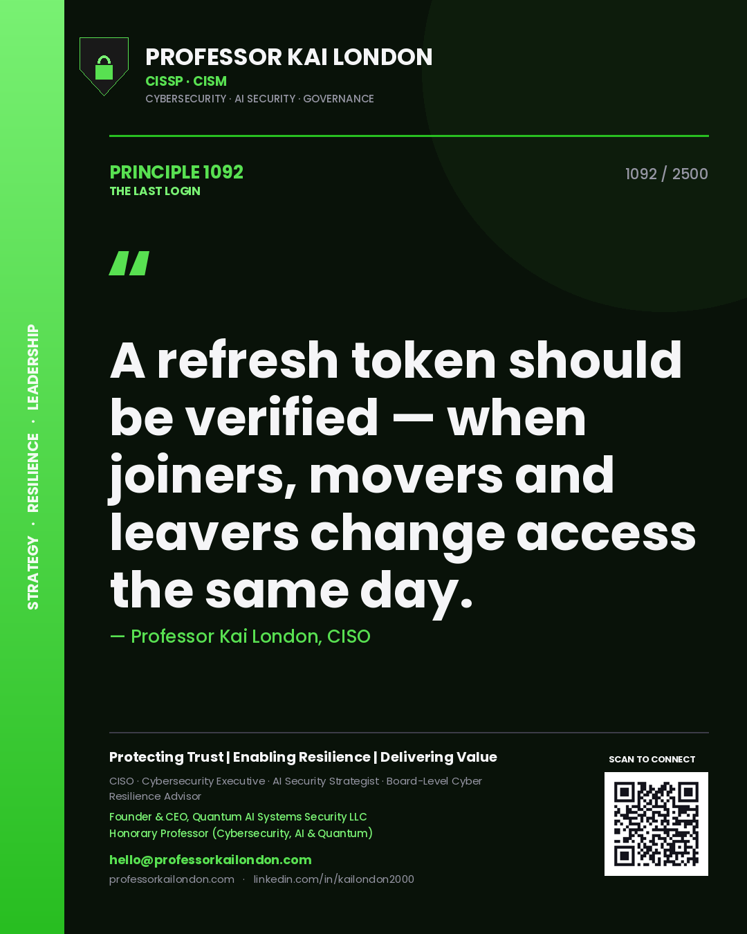 Quote card by Professor Kai London reading 'A refresh token should be verified — when joiners, movers and leavers change access the same day.'. From the book The Last Login.