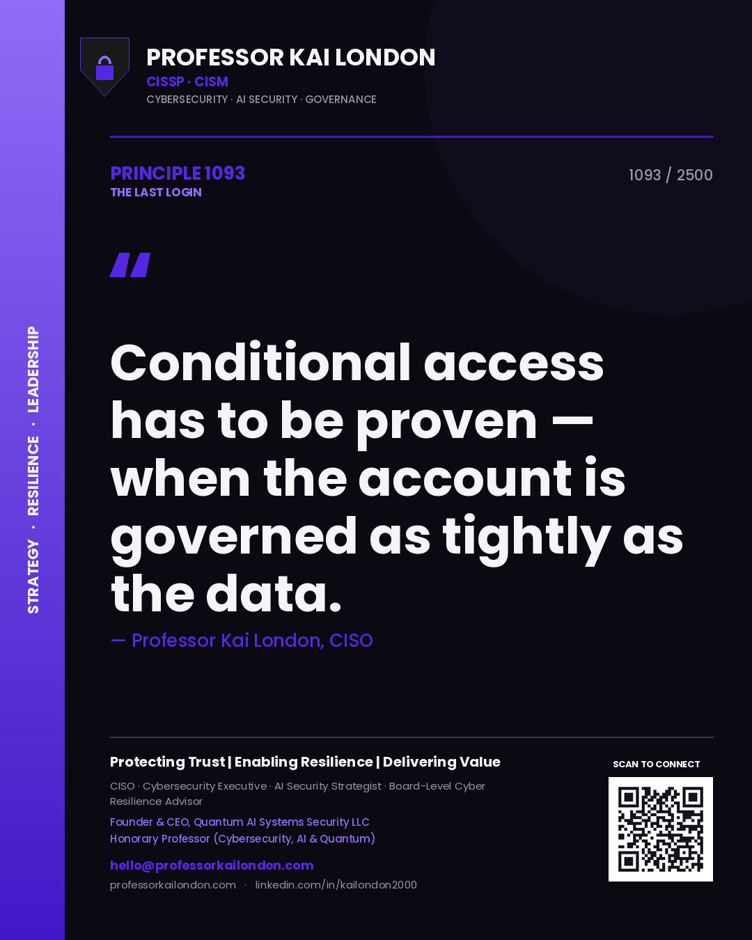 Quote card by Professor Kai London reading 'Conditional access has to be proven — when the account is governed as tightly as the data.'. From the book The Last Login.