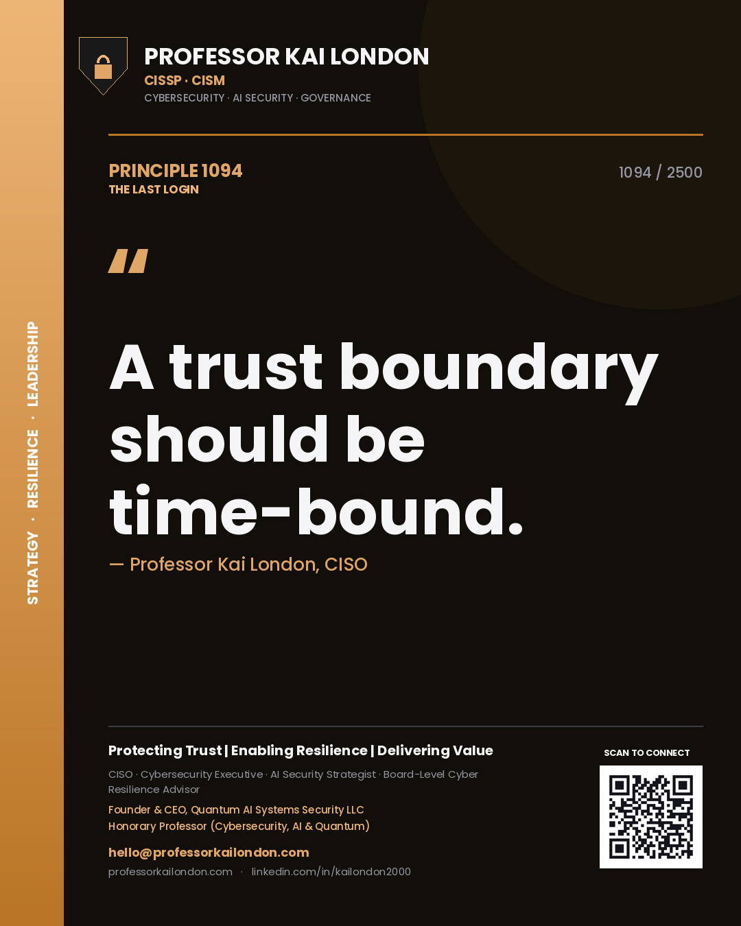 Quote card by Professor Kai London reading 'A trust boundary should be time-bound.'. From the book The Last Login.
