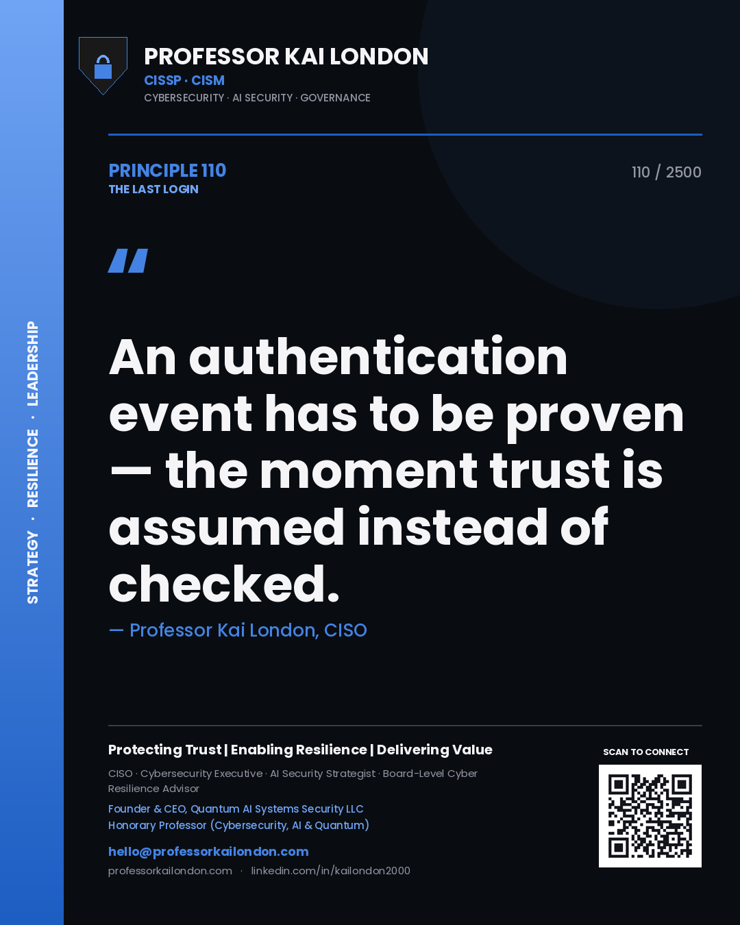 Professor Kai London principle 110: An authentication event has to be proven — the moment trust is assumed instead of checked.