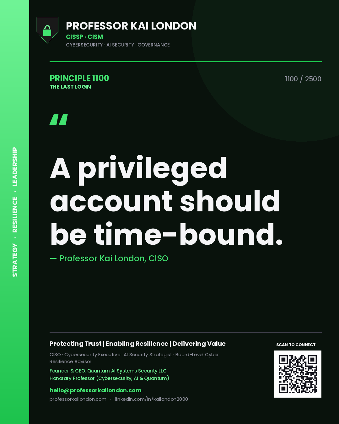 Quote card by Professor Kai London reading 'A privileged account should be time-bound.'. From the book The Last Login.