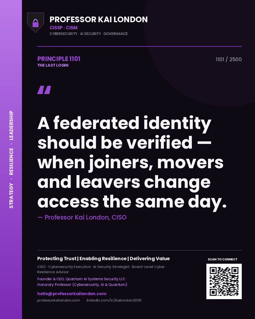 Quote card by Professor Kai London reading 'A federated identity should be verified — when joiners, movers and leavers change access the same day.'. From the book The Last Login.