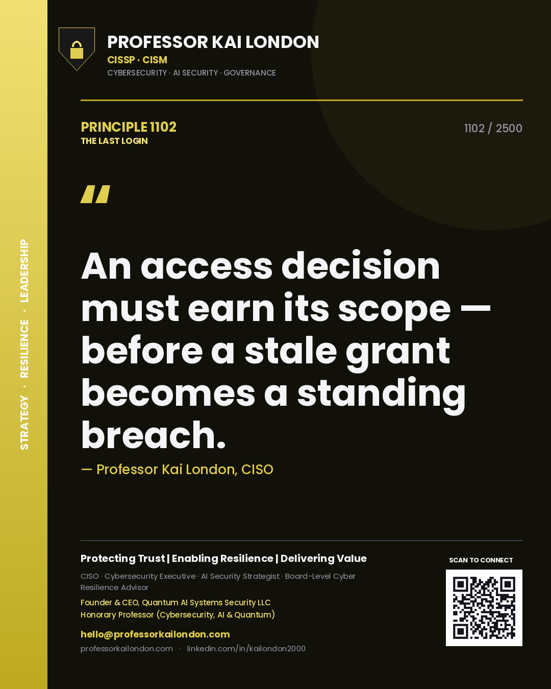 Quote card by Professor Kai London reading 'An access decision must earn its scope — before a stale grant becomes a standing breach.'. From the book The Last Login.