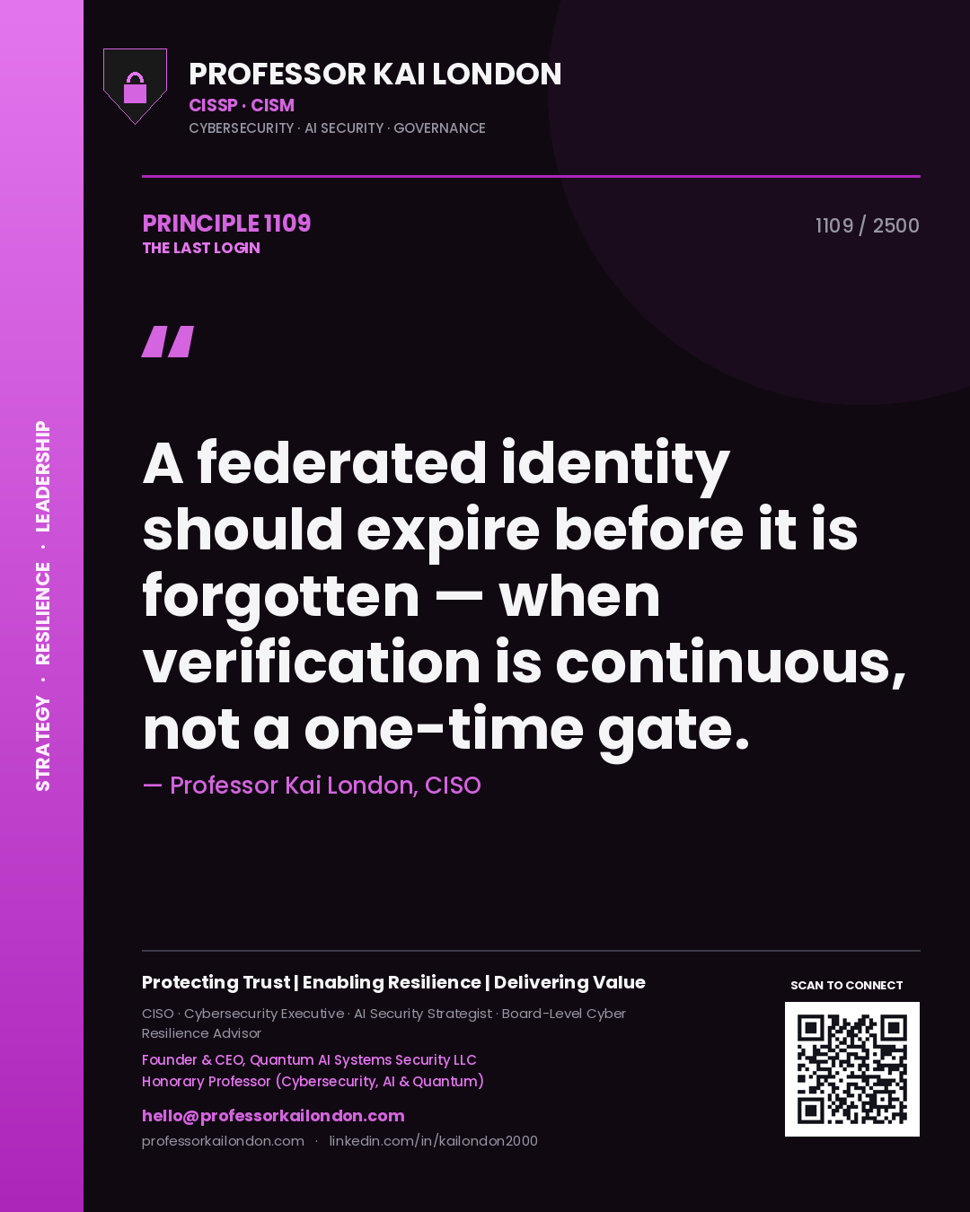 Quote card by Professor Kai London reading 'A federated identity should expire before it is forgotten — when verification is continuous, not a one-time gate.'. From the book The Last Login.