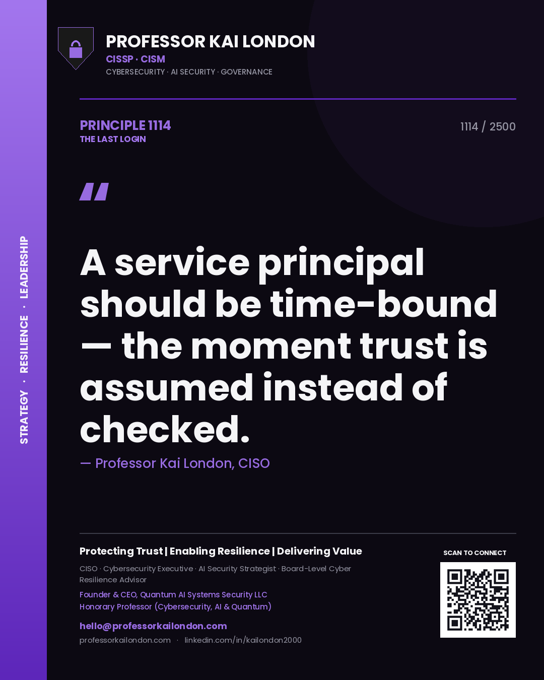 Quote card by Professor Kai London reading 'A service principal should be time-bound — the moment trust is assumed instead of checked.'. From the book The Last Login.