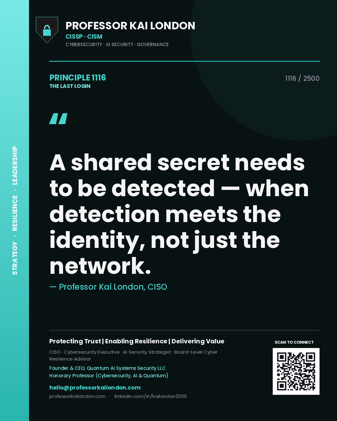 Quote card by Professor Kai London reading 'A shared secret needs to be detected — when detection meets the identity, not just the network.'. From the book The Last Login.