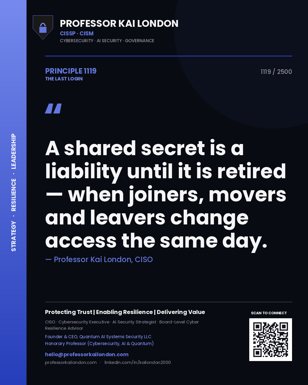 Quote card by Professor Kai London reading 'A shared secret is a liability until it is retired — when joiners, movers and leavers change access the same day.'. From the book The Last Login.