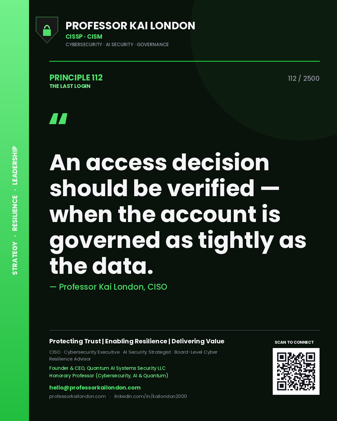 Quote card by Professor Kai London reading 'An access decision should be verified — when the account is governed as tightly as the data.'. From the book The Last Login.