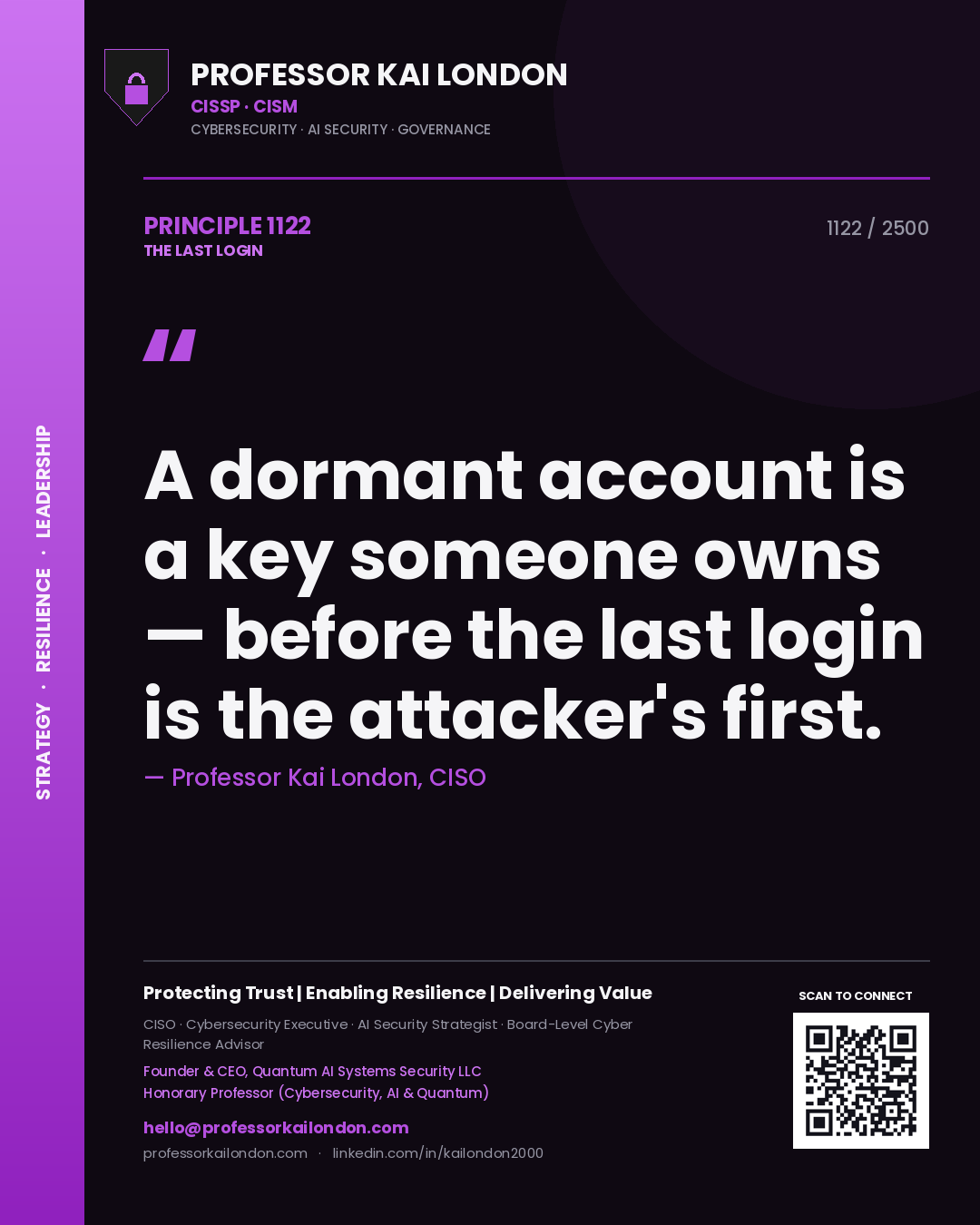 Professor Kai London principle 1122: A dormant account is a key someone owns — before the last login is the attacker's first.