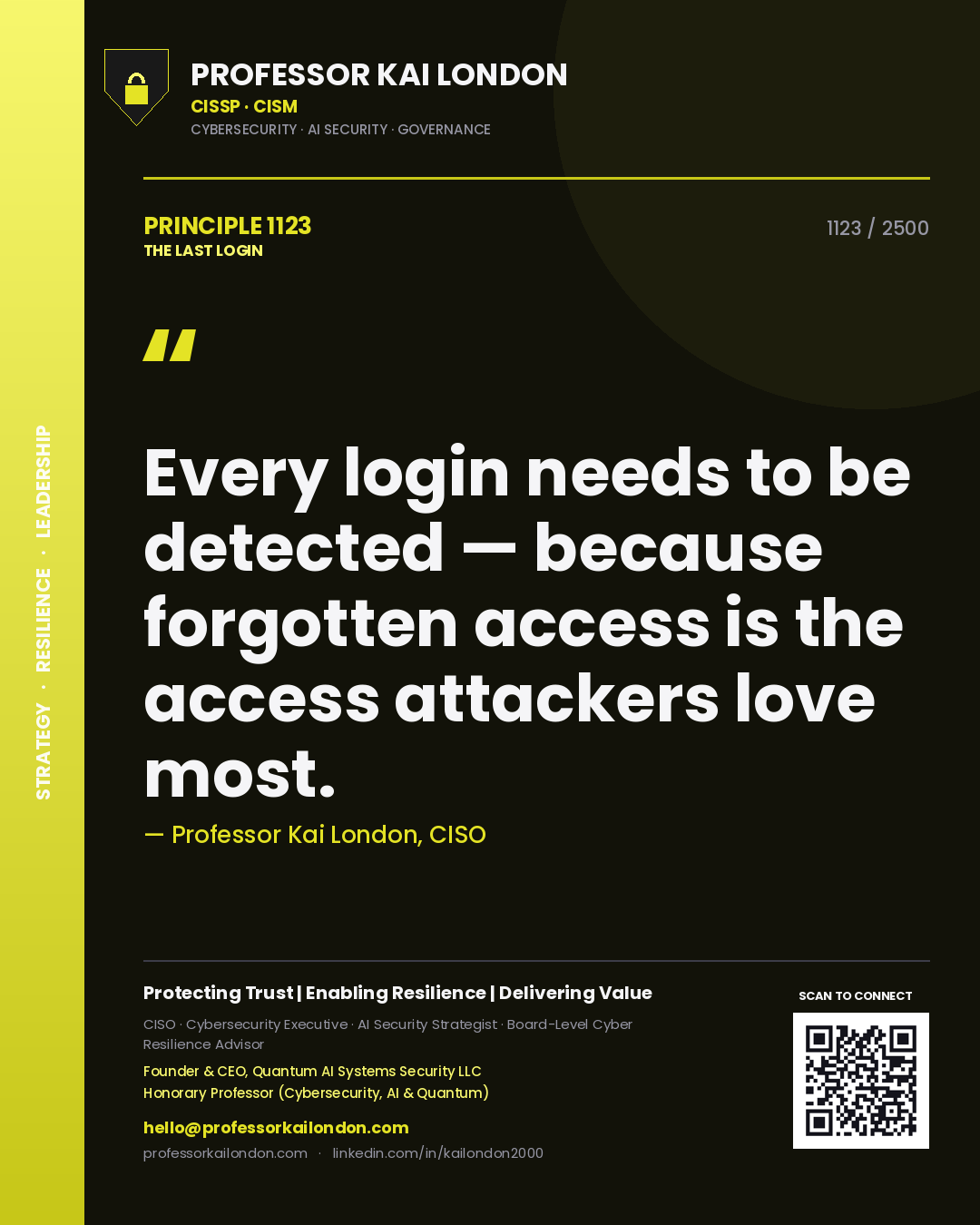 Quote card by Professor Kai London reading 'Every login needs to be detected — because forgotten access is the access attackers love most.'. From the book The Last Login.