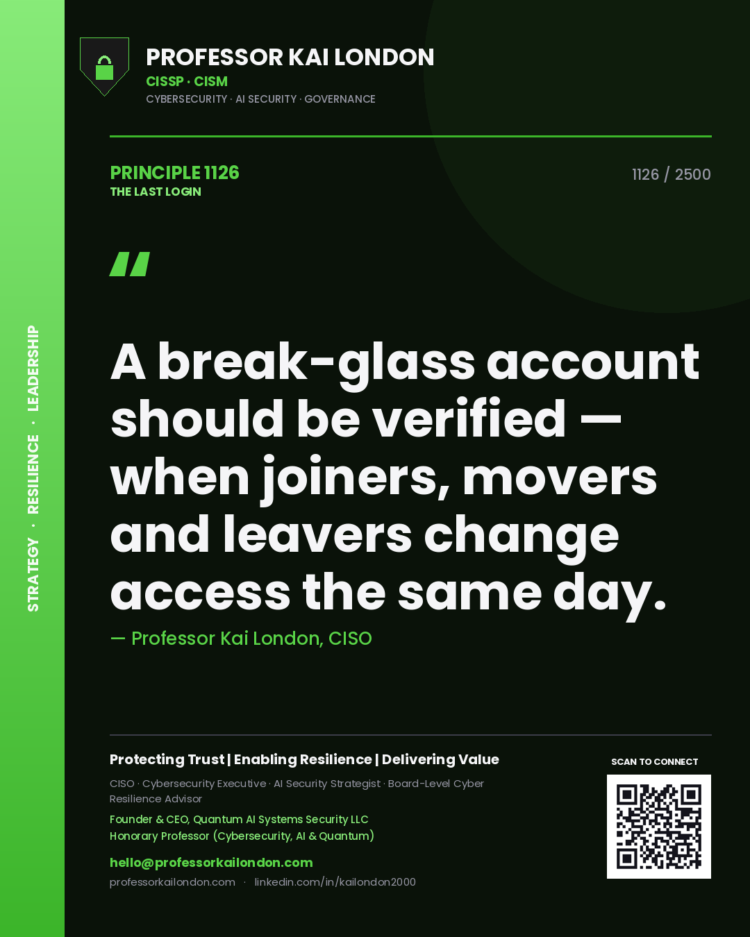 Quote card by Professor Kai London reading 'A break-glass account should be verified — when joiners, movers and leavers change access the same day.'. From the book The Last Login.