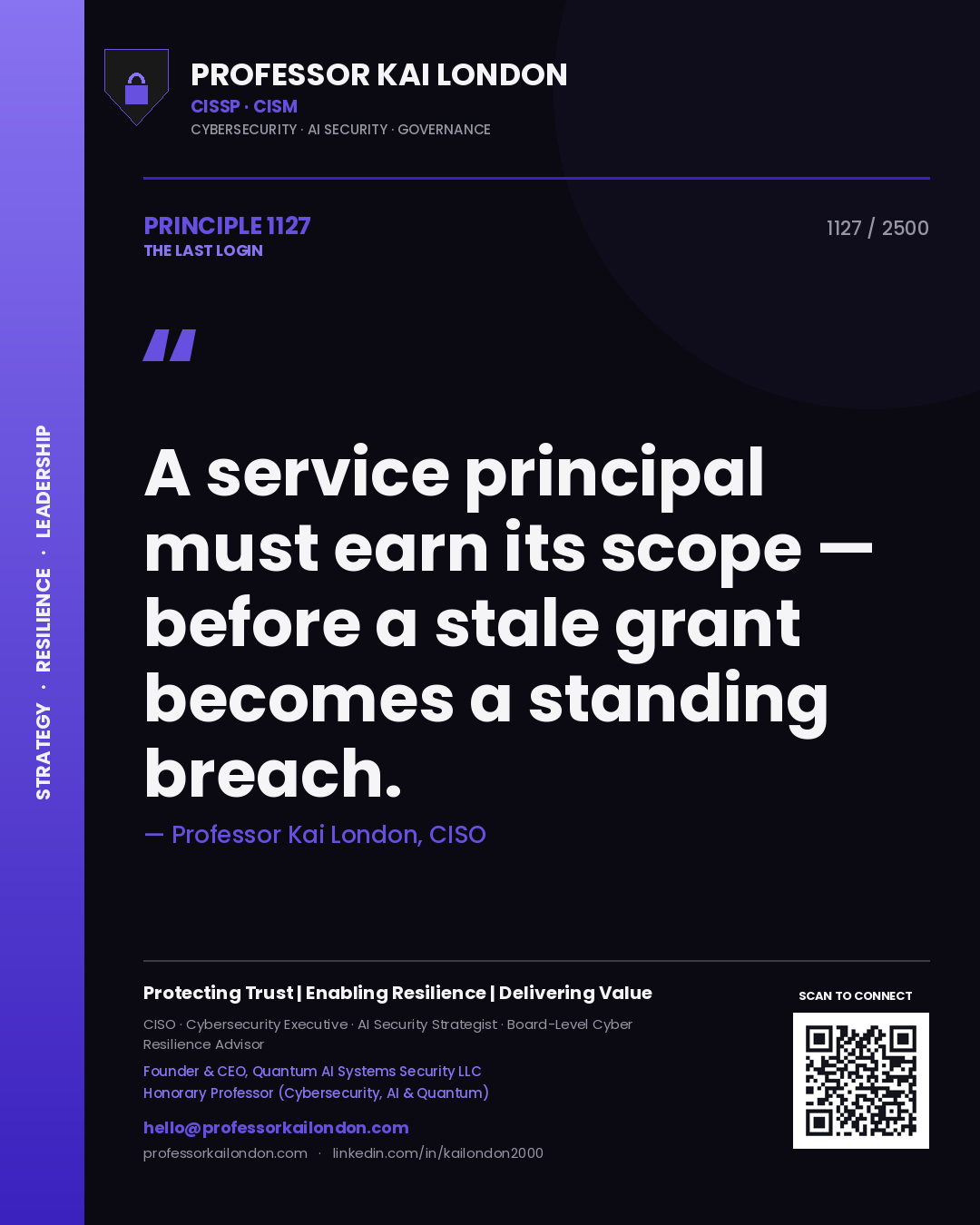 Quote card by Professor Kai London reading 'A service principal must earn its scope — before a stale grant becomes a standing breach.'. From the book The Last Login.