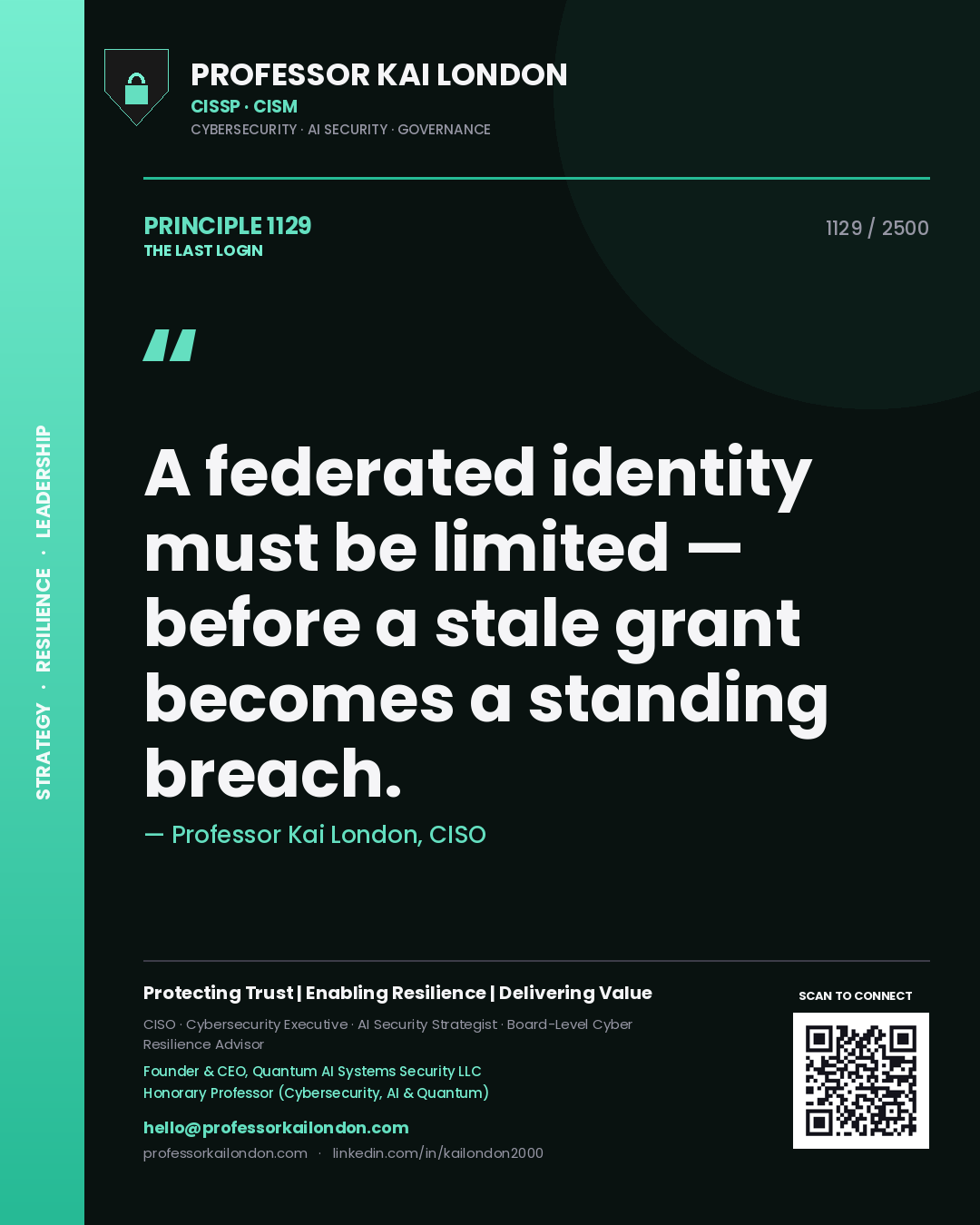 Quote card by Professor Kai London reading 'A federated identity must be limited — before a stale grant becomes a standing breach.'. From the book The Last Login.