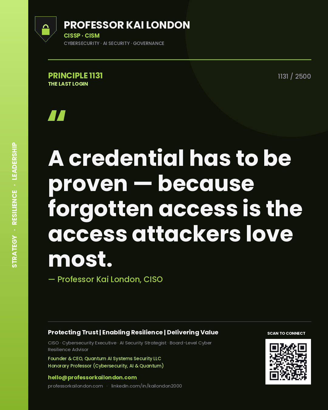 Quote card by Professor Kai London reading 'A credential has to be proven — because forgotten access is the access attackers love most.'. From the book The Last Login.