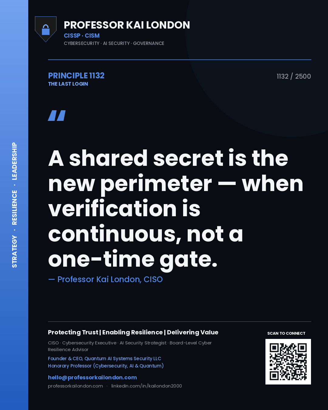 Quote card by Professor Kai London reading 'A shared secret is the new perimeter — when verification is continuous, not a one-time gate.'. From the book The Last Login.