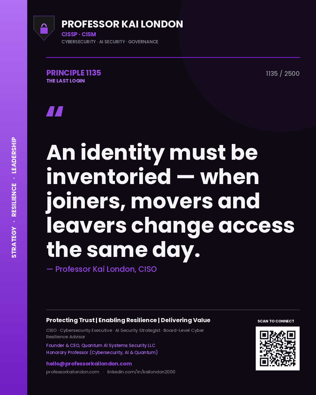 Quote card by Professor Kai London reading 'An identity must be inventoried — when joiners, movers and leavers change access the same day.'. From the book The Last Login.