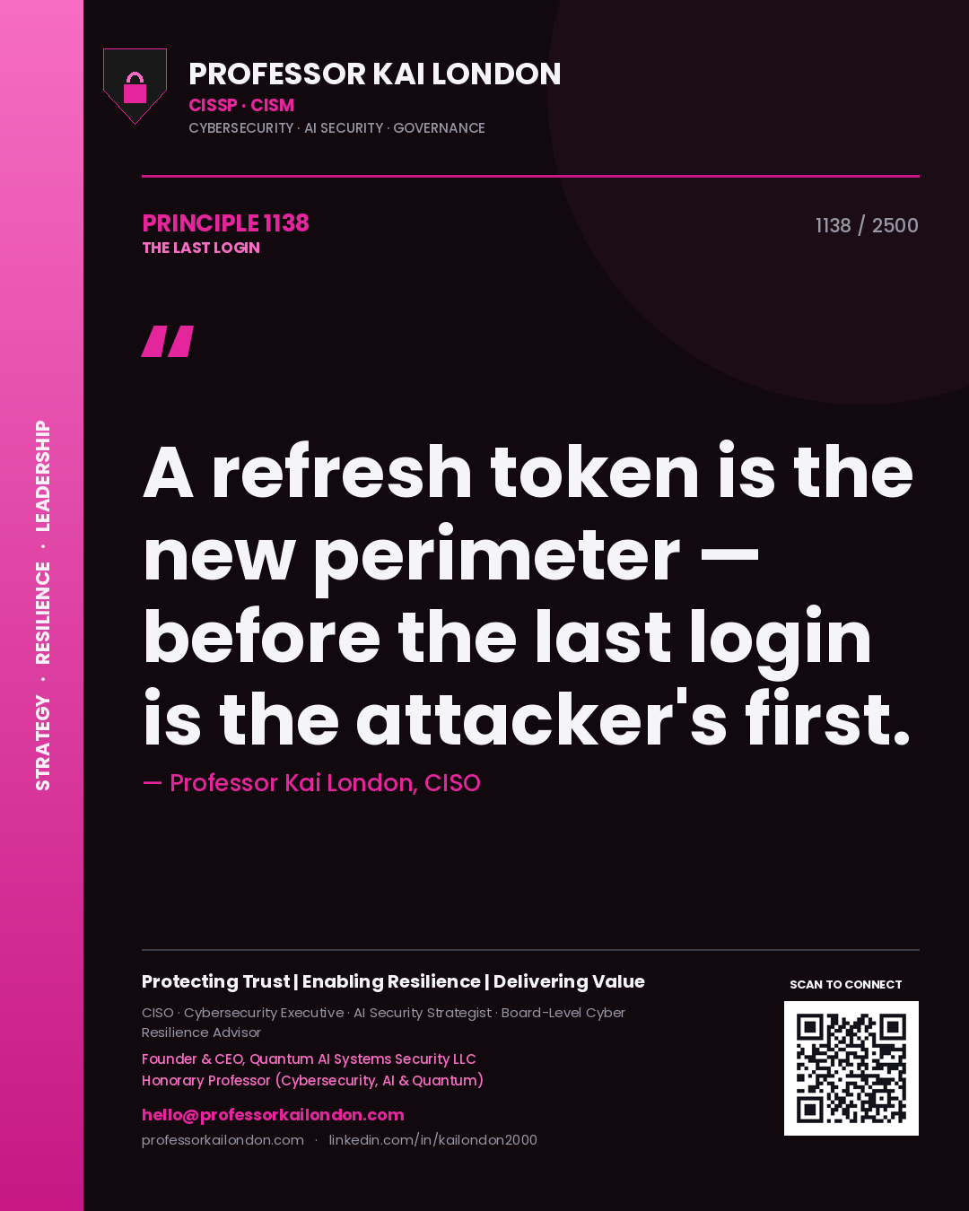 Quote card by Professor Kai London reading 'A refresh token is the new perimeter — before the last login is the attacker's first.'. From the book The Last Login.