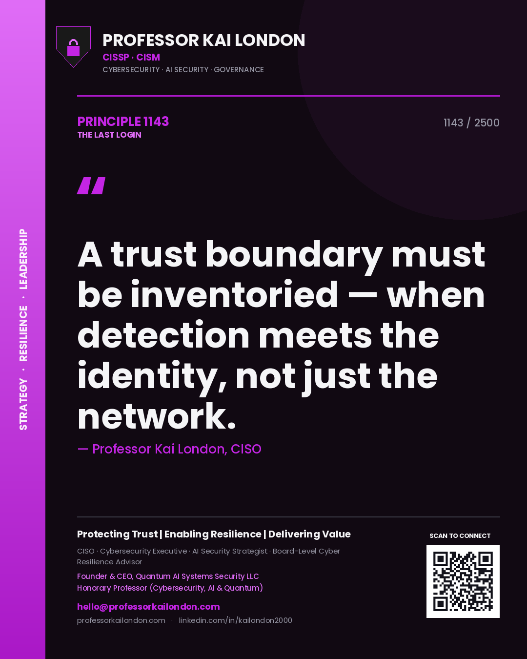 Quote card by Professor Kai London reading 'A trust boundary must be inventoried — when detection meets the identity, not just the network.'. From the book The Last Login.