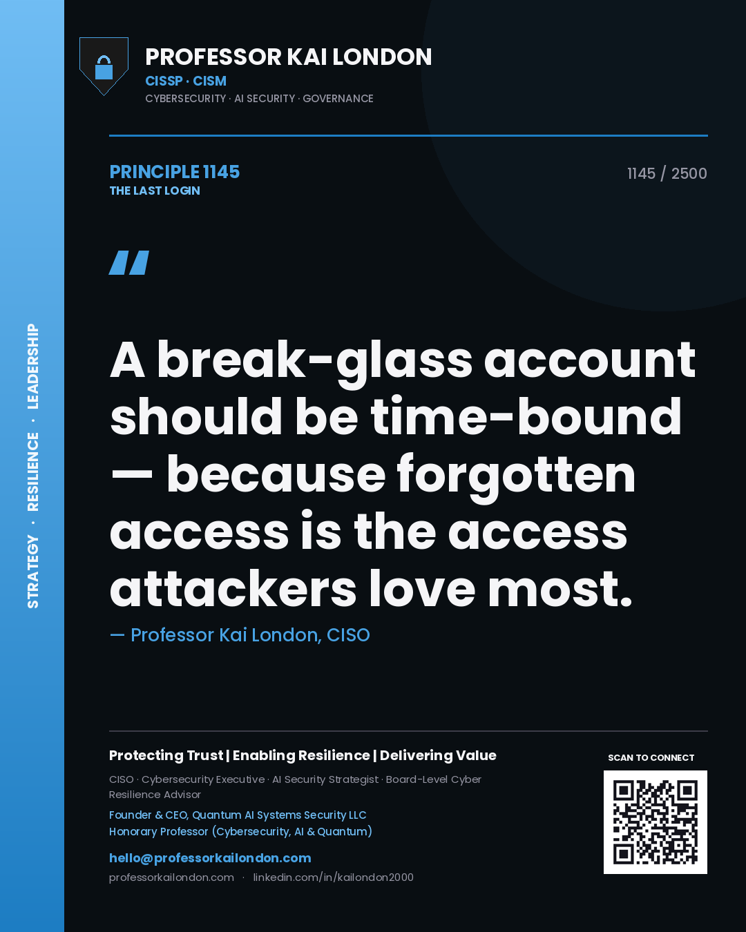 Quote card by Professor Kai London reading 'A break-glass account should be time-bound — because forgotten access is the access attackers love most.'. From the book The Last Login.