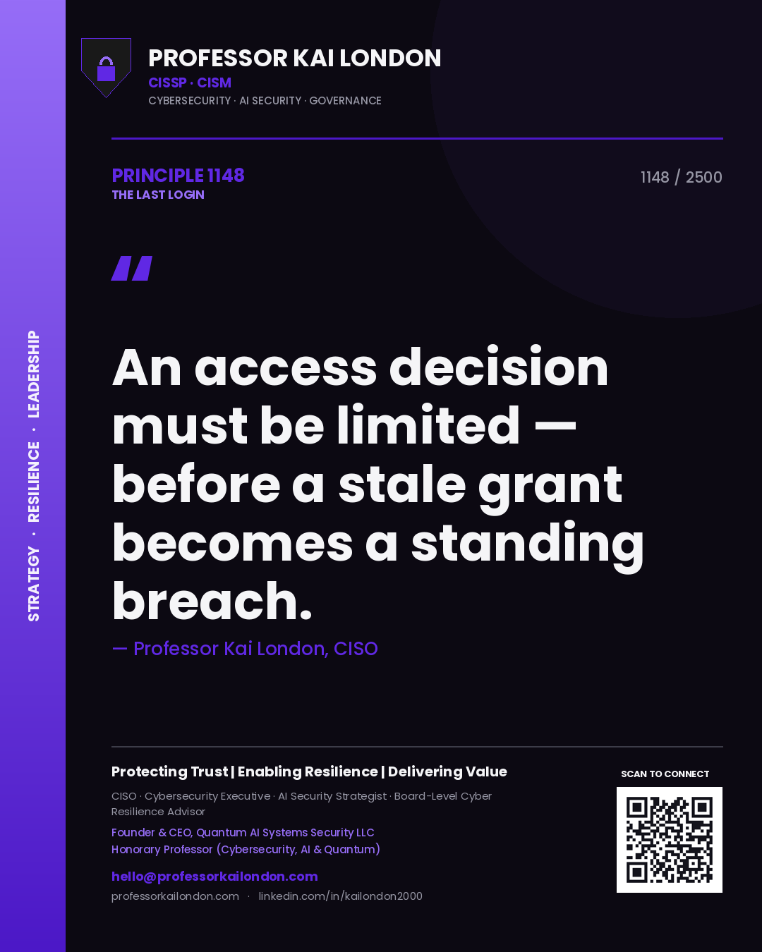 Quote card by Professor Kai London reading 'An access decision must be limited — before a stale grant becomes a standing breach.'. From the book The Last Login.