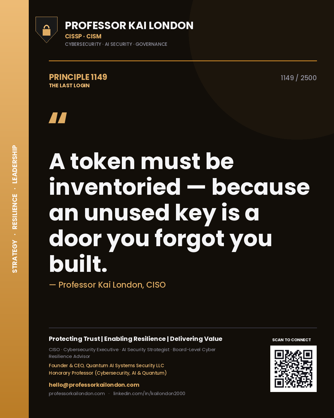 Quote card by Professor Kai London reading 'A token must be inventoried — because an unused key is a door you forgot you built.'. From the book The Last Login.