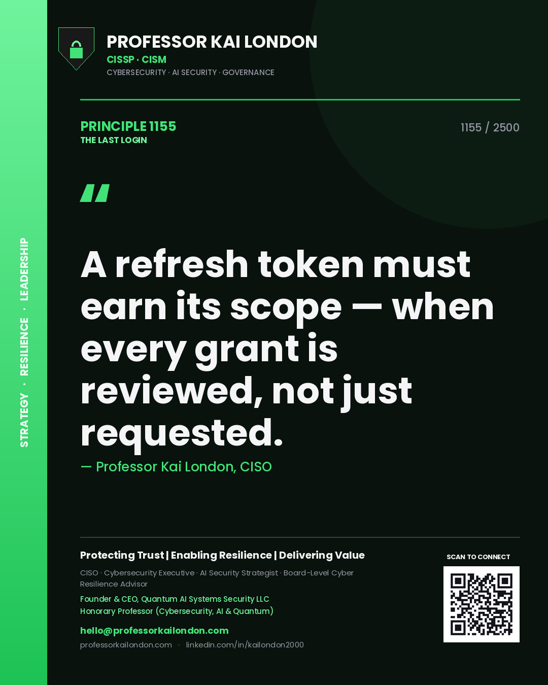 Quote card by Professor Kai London reading 'A refresh token must earn its scope — when every grant is reviewed, not just requested.'. From the book The Last Login.