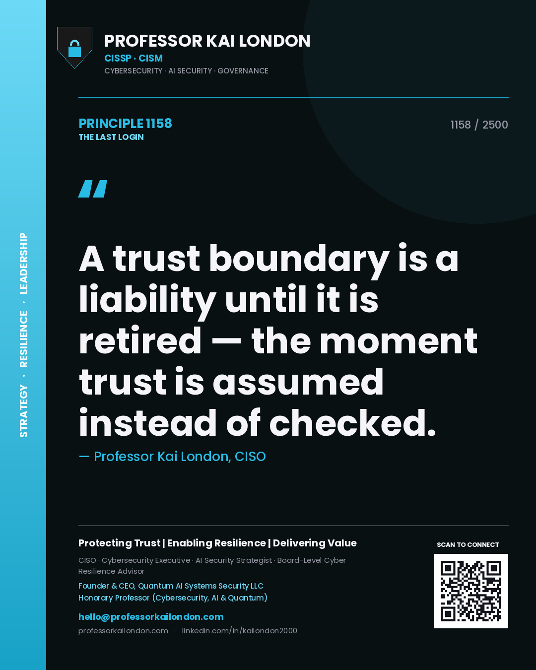 Quote card by Professor Kai London reading 'A trust boundary is a liability until it is retired — the moment trust is assumed instead of checked.'. From the book The Last Login.