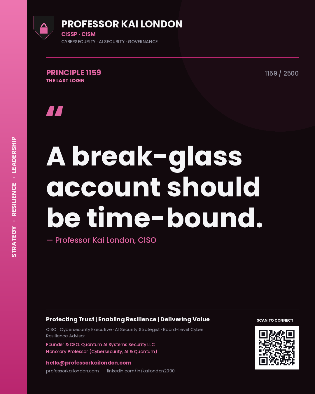 Quote card by Professor Kai London reading 'A break-glass account should be time-bound.'. From the book The Last Login.