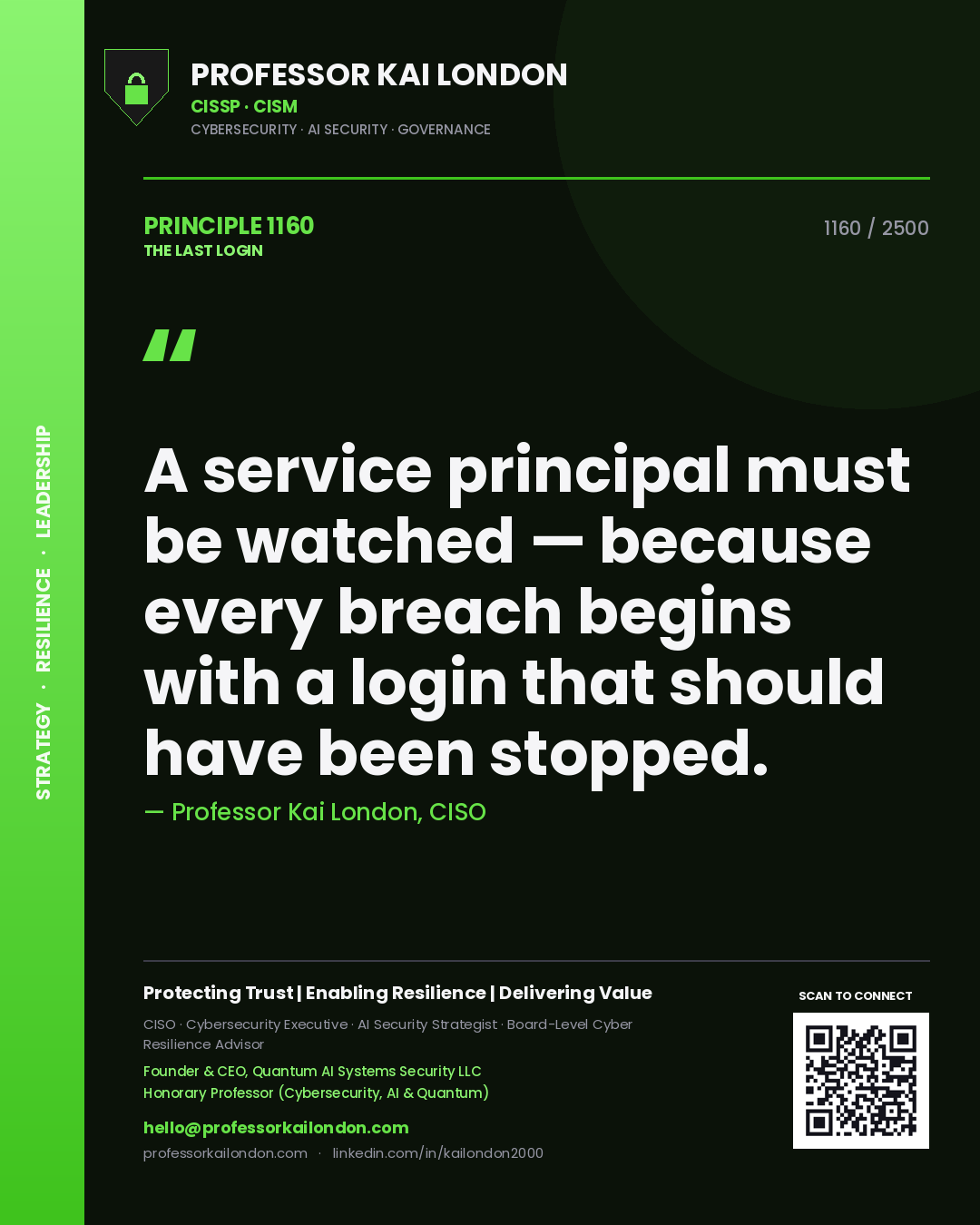 Quote card by Professor Kai London reading 'A service principal must be watched — because every breach begins with a login that should have been stopped.'. From the book The Last Login.