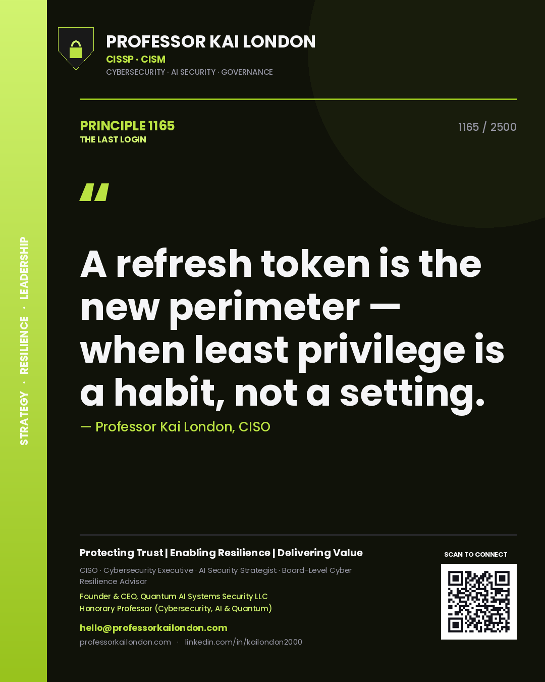 Quote card by Professor Kai London reading 'A refresh token is the new perimeter — when least privilege is a habit, not a setting.'. From the book The Last Login.