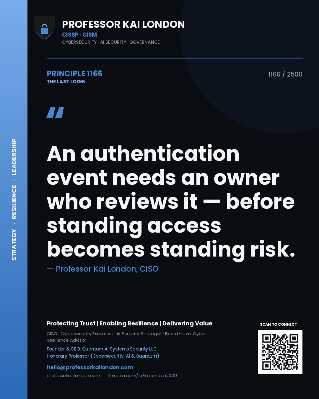 Quote card by Professor Kai London reading 'An authentication event needs an owner who reviews it — before standing access becomes standing risk.'. From the book The Last Login.