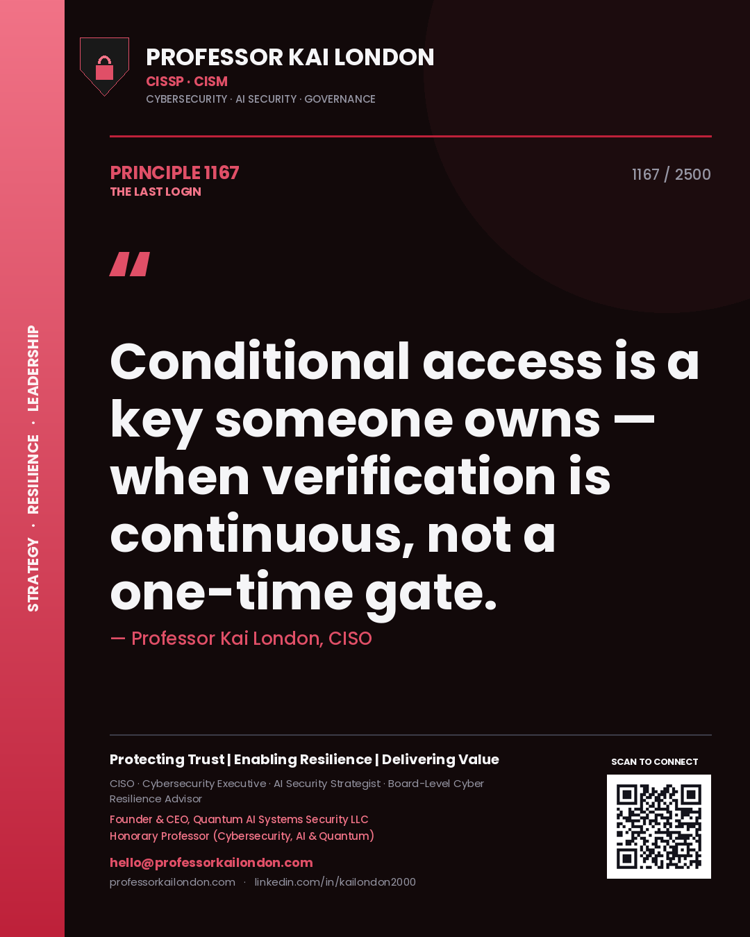 Quote card by Professor Kai London reading 'Conditional access is a key someone owns — when verification is continuous, not a one-time gate.'. From the book The Last Login.