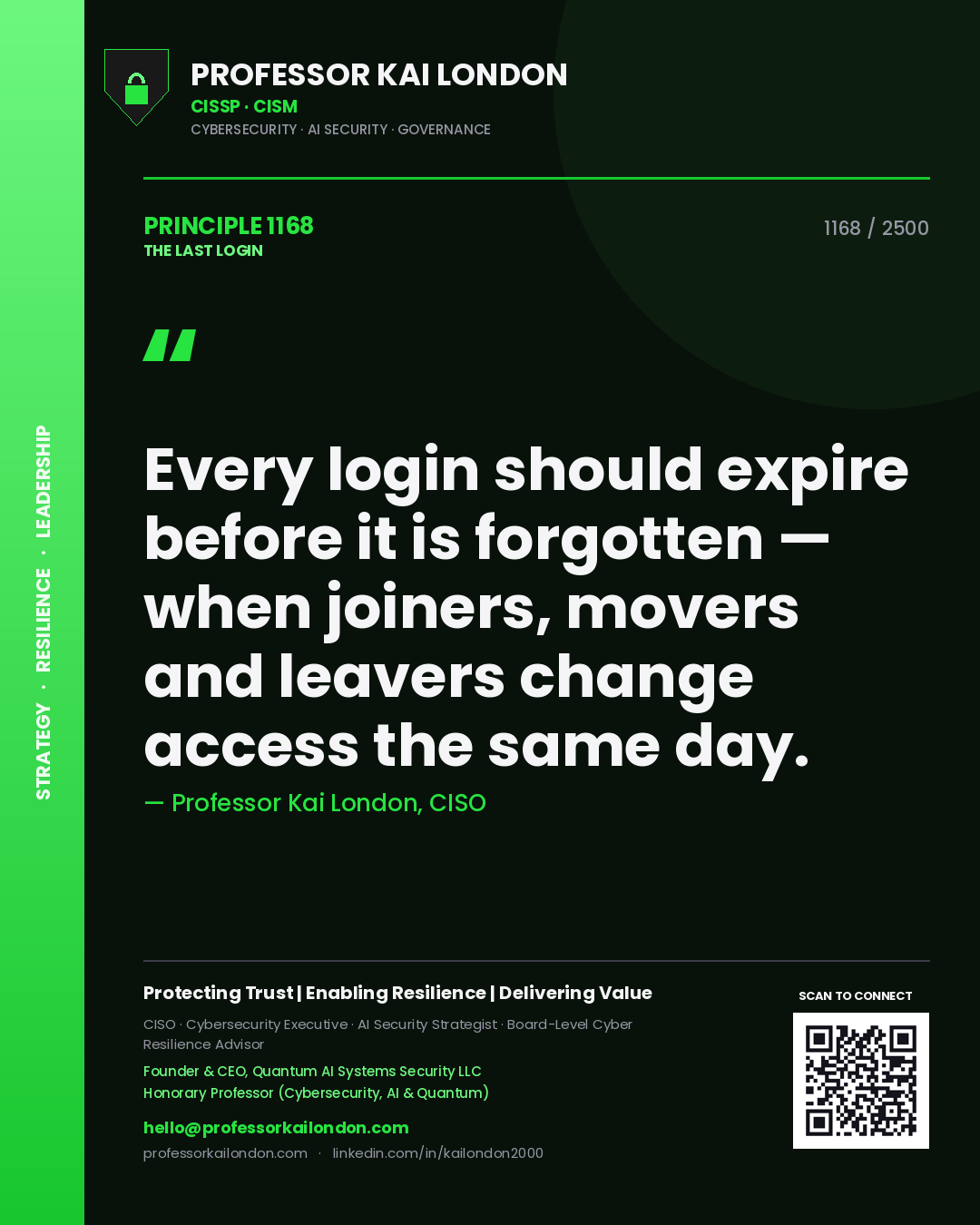 Quote card by Professor Kai London reading 'Every login should expire before it is forgotten — when joiners, movers and leavers change access the same day.'. From the book The Last Login.