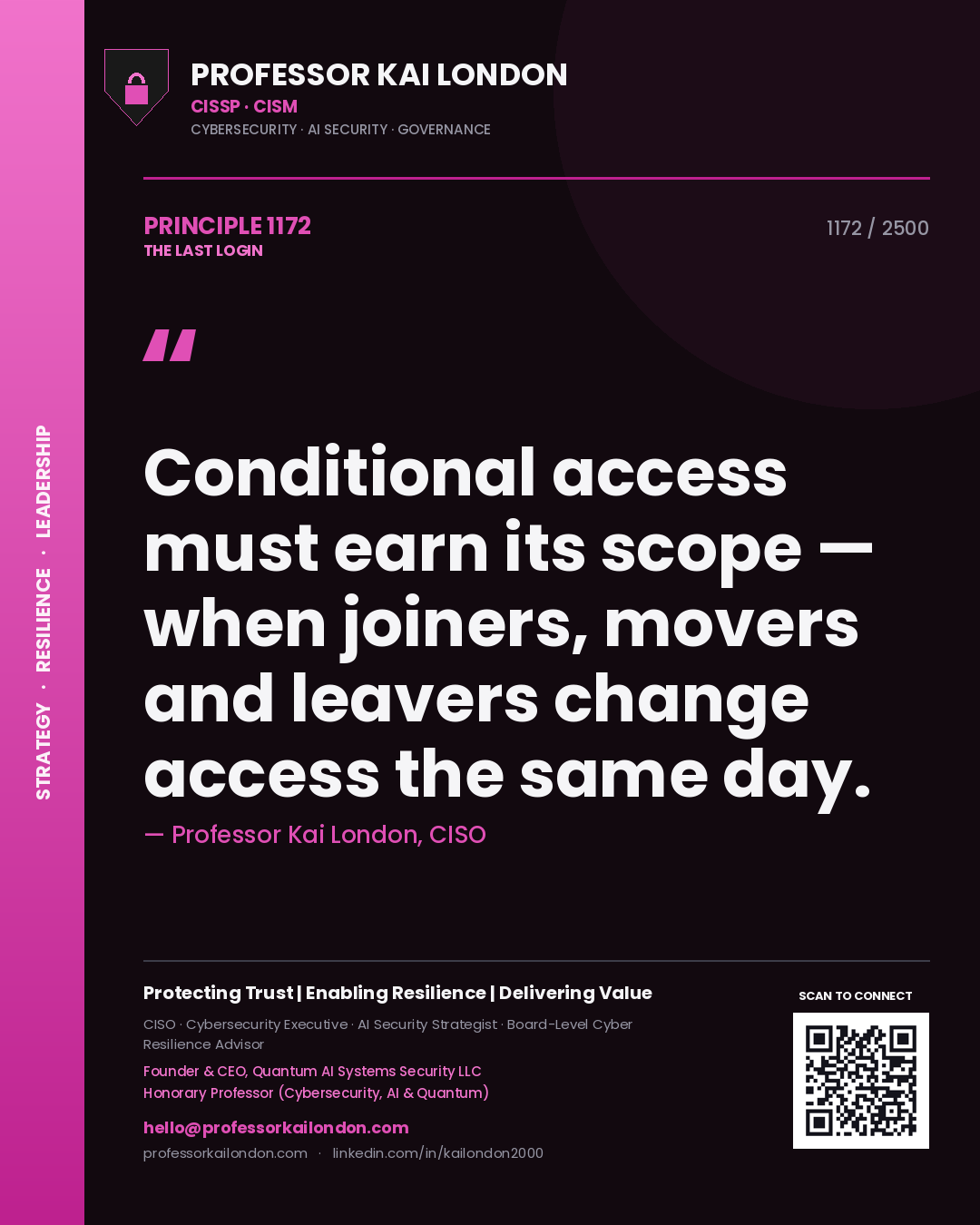 Quote card by Professor Kai London reading 'Conditional access must earn its scope — when joiners, movers and leavers change access the same day.'. From the book The Last Login.