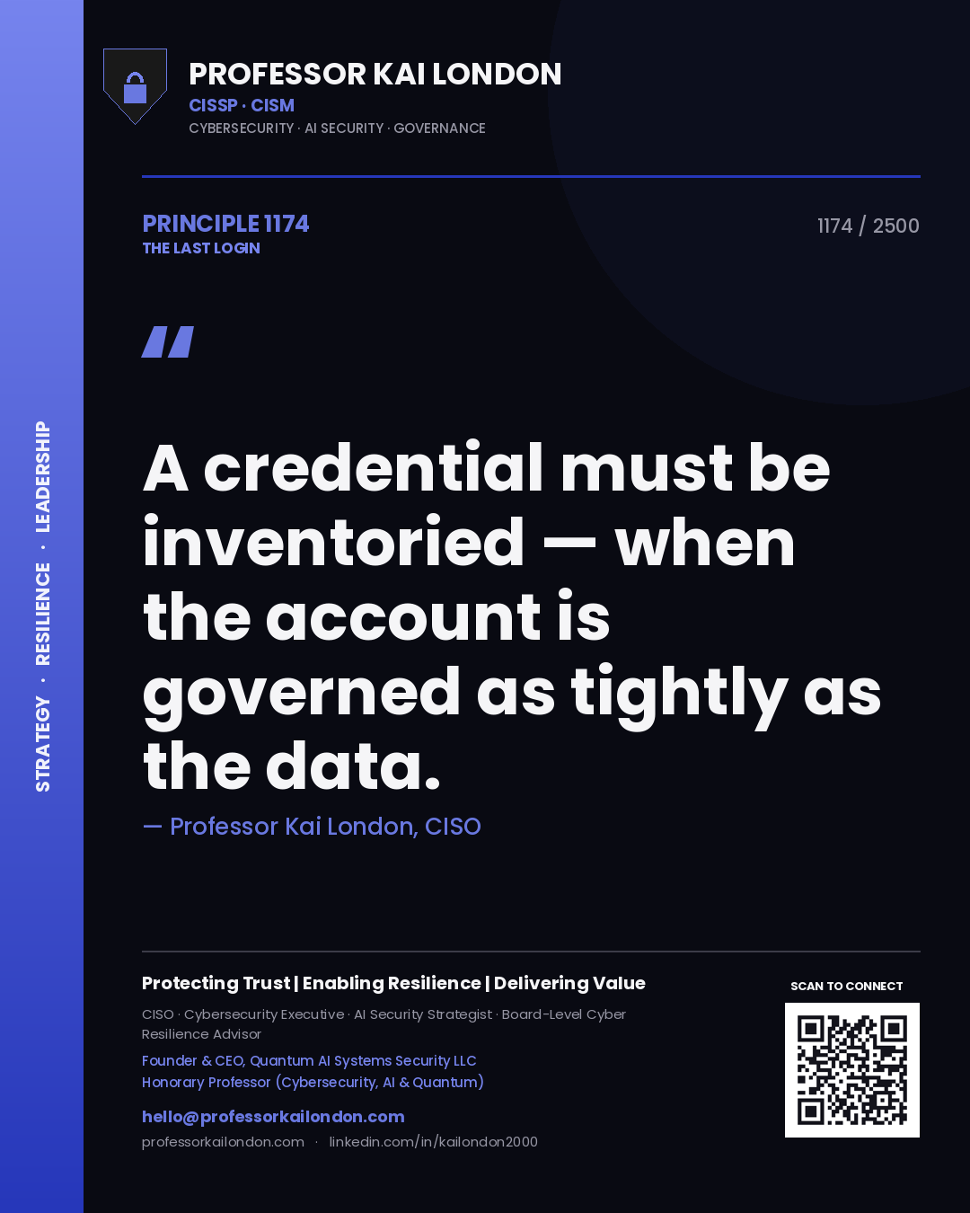 Quote card by Professor Kai London reading 'A credential must be inventoried — when the account is governed as tightly as the data.'. From the book The Last Login.