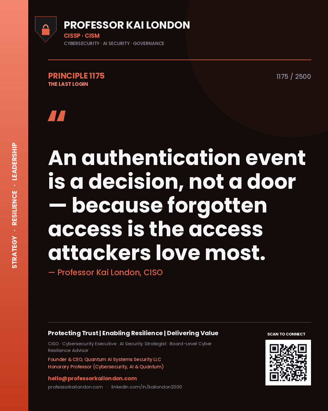 Quote card by Professor Kai London reading 'An authentication event is a decision, not a door — because forgotten access is the access attackers love most.'. From the book The Last Login.