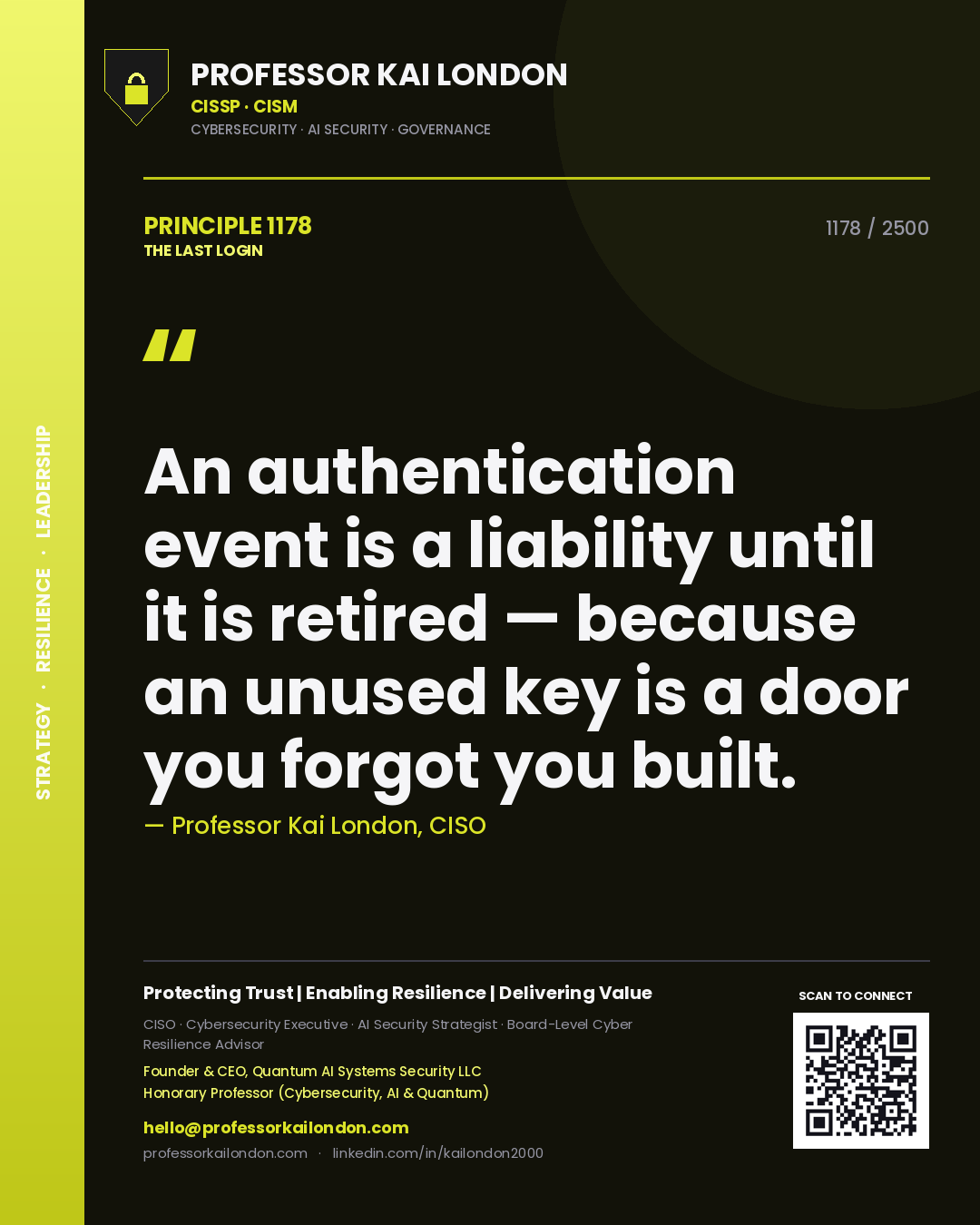 Quote card by Professor Kai London reading 'An authentication event is a liability until it is retired — because an unused key is a door you forgot you built.'. From the book The Last Login.