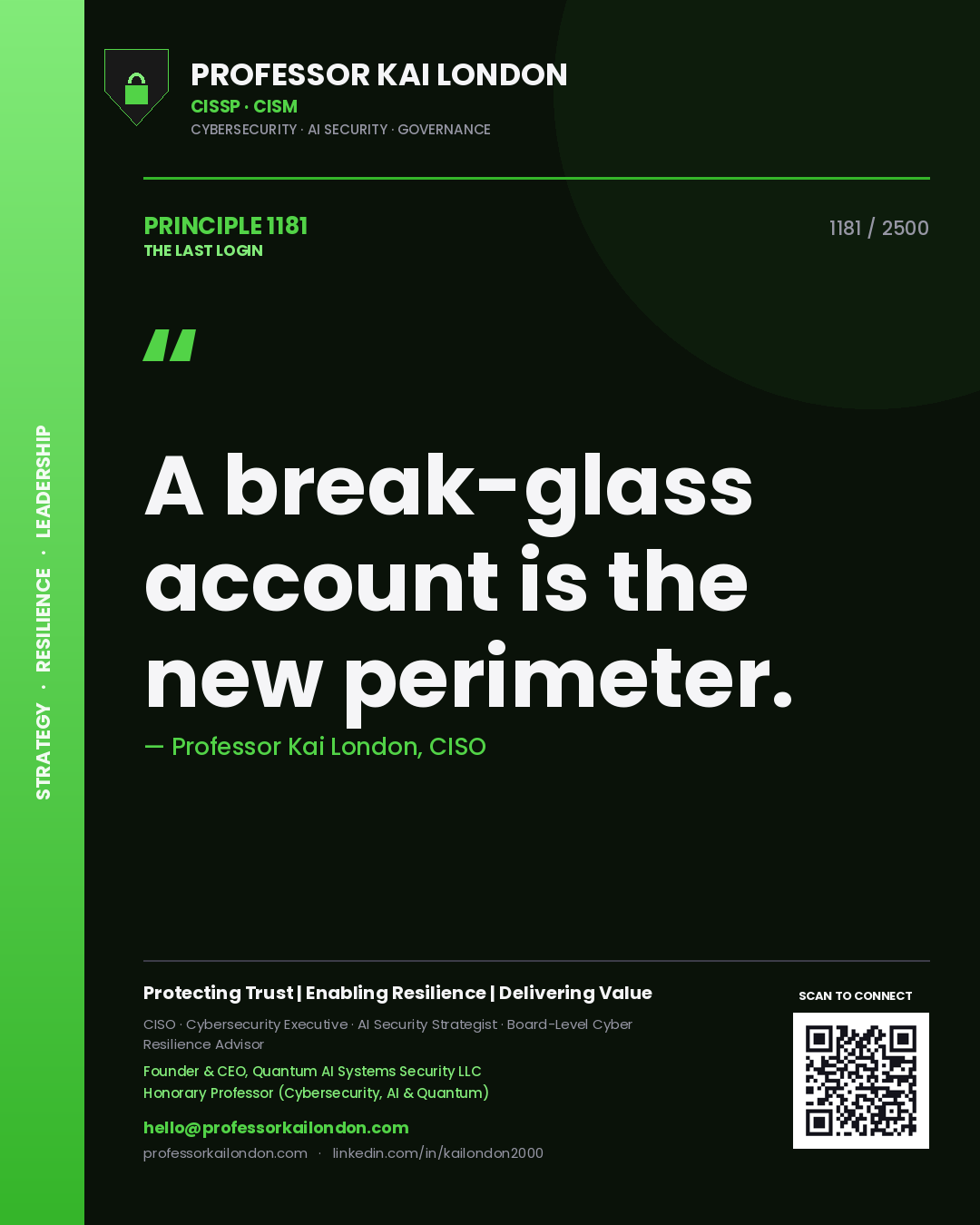 Quote card by Professor Kai London reading 'A break-glass account is the new perimeter.'. From the book The Last Login.