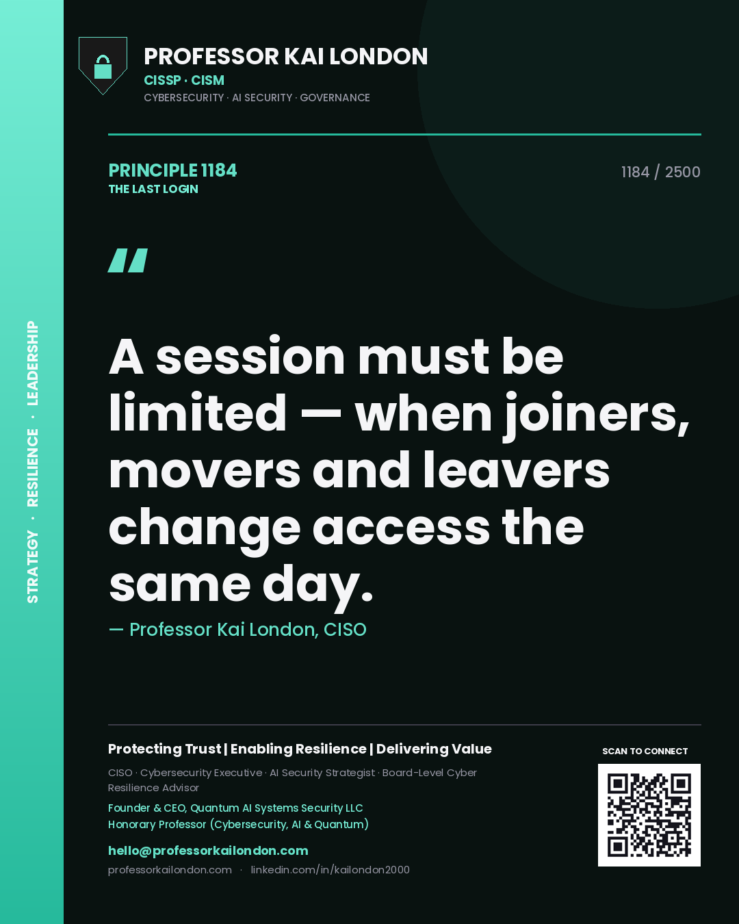 Quote card by Professor Kai London reading 'A session must be limited — when joiners, movers and leavers change access the same day.'. From the book The Last Login.